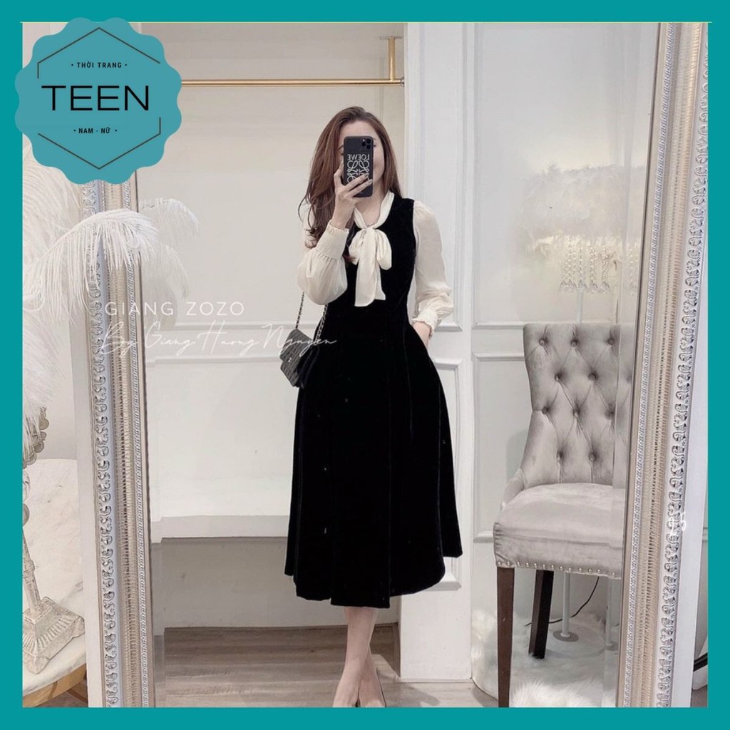 🤩Cực Phẩm🤩 Váy Nhung Tơ Buộc Kèm Nơ - Váy Nhung Bo Eo Dáng Xòe Size S,M