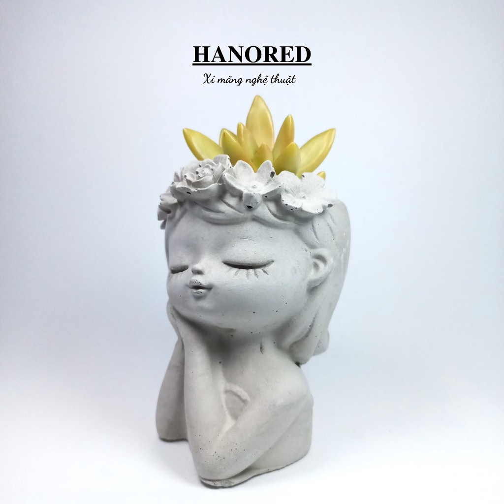 Chậu xi măng mini trồng sen đá, xương rồng, tô tượng hình cô gái đội hoa tóc bay HANORED kích thước 11×7×7