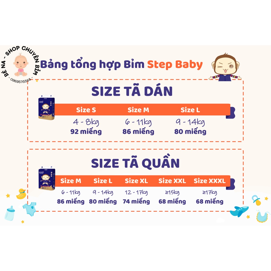 Bỉm Tã Quần, Dán Step Baby cho bé Size S92/M86/L80/XL74/XxL68/XxxL68 siêu mỏng, bo mông, chống hăm thấm hút tốt