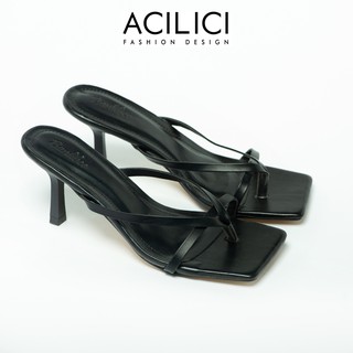 Dép guốc cao gót ACILICI thời trang mũi vuông, sandal gót nhọn kiểu xỏ ngón thanh lịch cao 7p màu đen-TC030