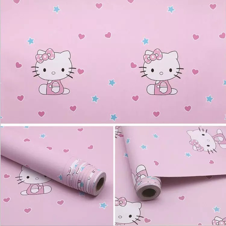Decal giấy dán tường kitty áo hồng trái tim khổ rộng 0.45m