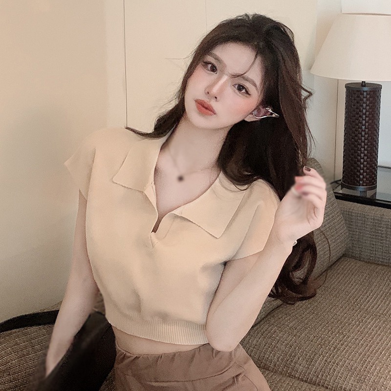 Áo Croptop Dệt Kim Tay Ngắn Màu Sắc Trơn Phong Cách Hàn Quốc Cho Nữ