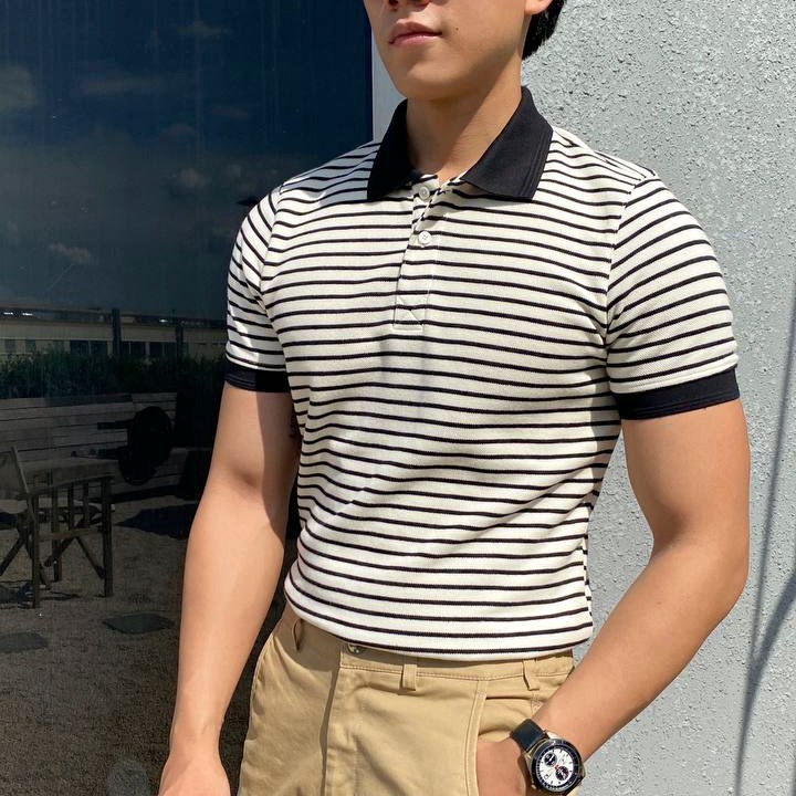 Áo Thun Nam Cao Cấp Polo Sọc Trắng Kem Black & Cream Mini Stripes BY COTTON