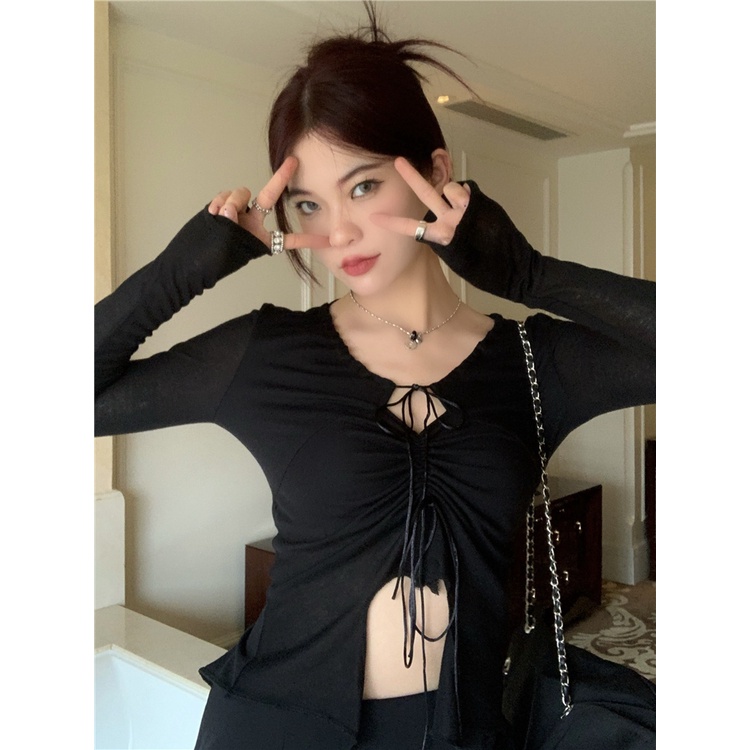 QKOOLE Áo thun croptop  tay dài phong cách Hàn Quốc thời trang cho nữ