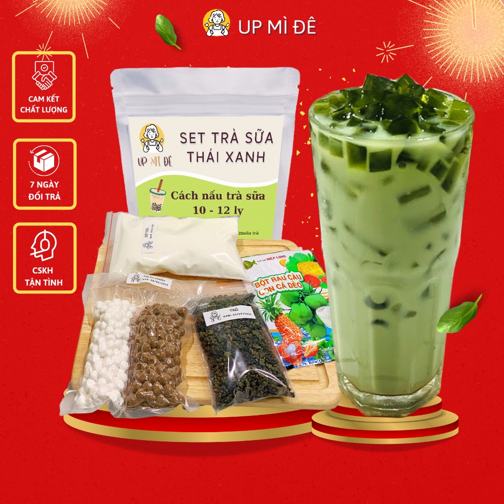 Nguyên Liệu Làm Trà Sữa, Pha Chế Trà Sữa Trân Châu Thái Xanh Nấu 10 - 12 Ly Full Topping - UP MÌ ĐÊ