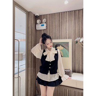 Set gile len sơ mi voan buộc nơ