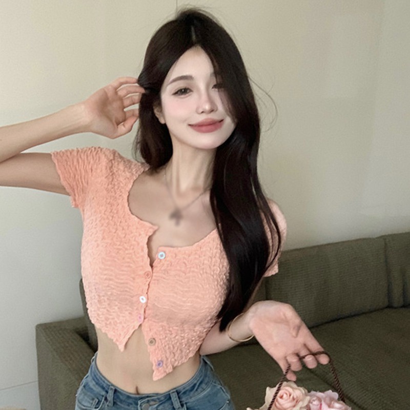 Áo Croptop Ngắn Tay Cổ Vuông Màu Sắc Trơn Phong Cách Hàn Quốc