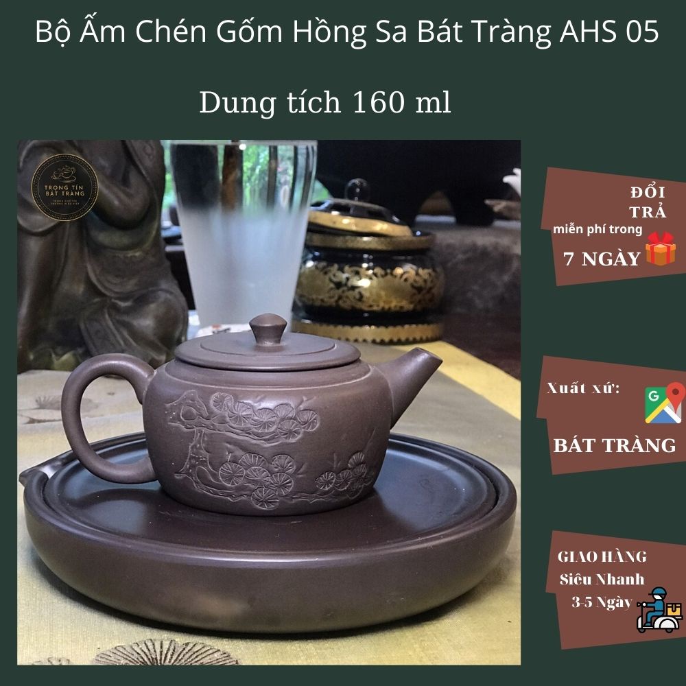 Ấm Trà Đạo Gốm Tử Sa Bát Tràng Khắc Liên Hoa Dáng Thạch Điều Dung Tích 160ml (Ấm Lẻ) AHS 05