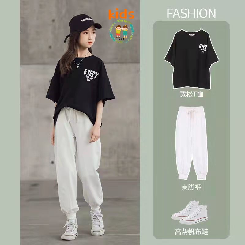 Set Đồ Thể Thao Mùa Hè Gồm Áo Thun Tay Cộc + Quần Dài Phong Cách Phương Tây Hợp Thời Trang Cho Bé Gái 3-5 - 8-10 - 12-13 Tuổi