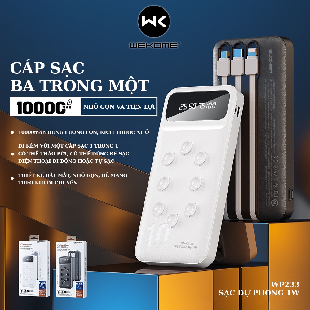 Pin sạc dự phòng Wekome  WP-233 10000mah tích hợp đèn led hiển thị dây cáp 3 in 1 3 đầu đa năng có cao su hít mặt lưng