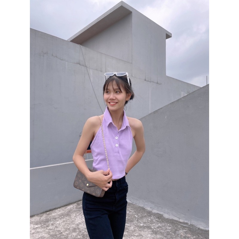 Áo croptop polo hở lưng Boin chất bo gân cotton co dãn 4 chiều siêu đẹp from ôm 5 màu trắng/đen/hồng/tím/tan_ Hình Thật