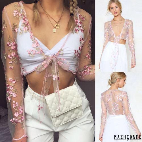 ღ𝓂ℰSexy Women Deep-V Long Sleeve Blouse See-through Hollow Out Crop Tops Shirt | BigBuy360 - bigbuy360.vn