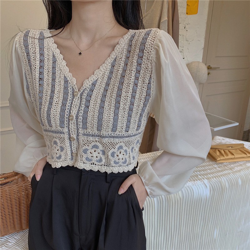 Áo kiểu chiffon tay dài cổ V thời trang xinh xắn cho nữ