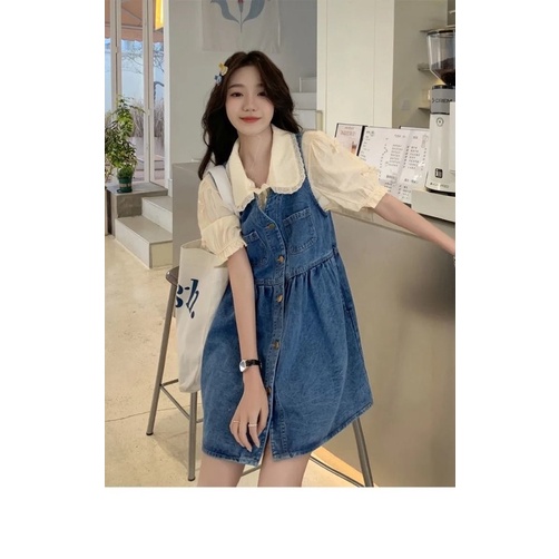 Váy Yếm Bò Denim, Đầm Jean Dáng Baby Doll Không Tay Sát Nách Phong Cách Tiểu Thư Hàn Quốc Cài Cúc Cổ V loại 1 Năng Động