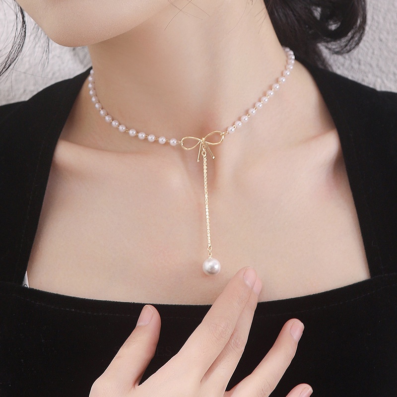 Vòng cổ choker Dodder mạ vàng mặt hình nơ đính ngọc trai giả thời trang cho nữ