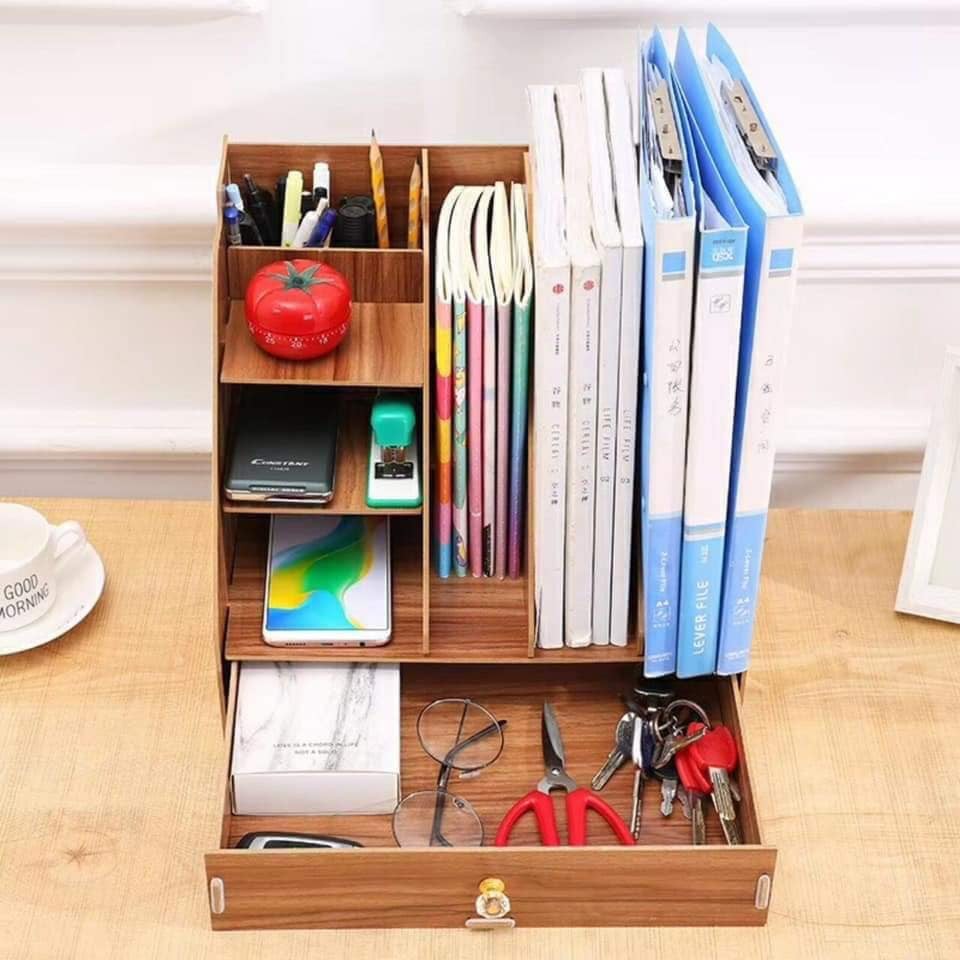 Kệ sách gỗ mini để bàn làm việc nhiều ngăn nhỏ kèm ngăn kéo thông minh dễ lau chùi vệ sinh