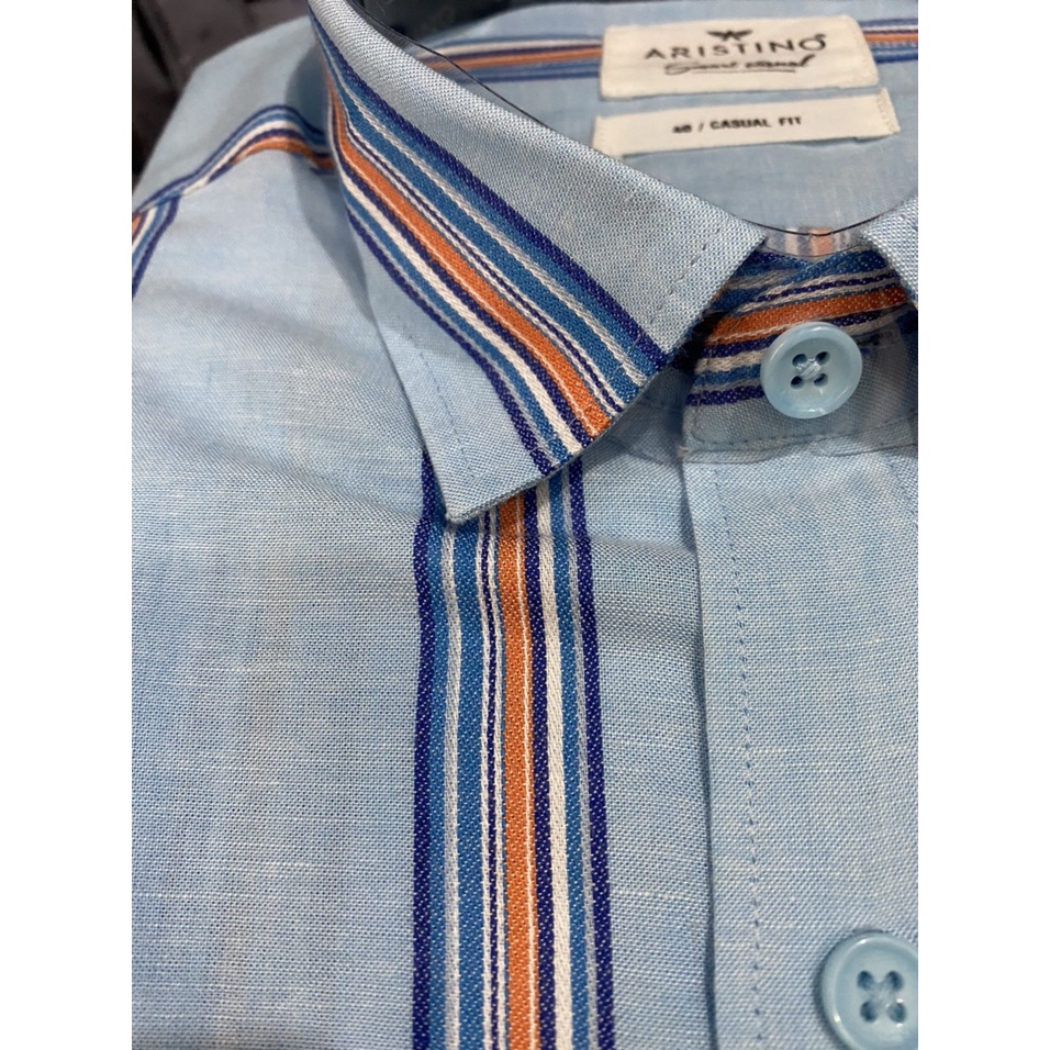 Sơ mi ngắn tay Aristino ASS069S8 sợi linen cao cấp siêu mát, kẻ siêu sang chảnh casual tà lượn