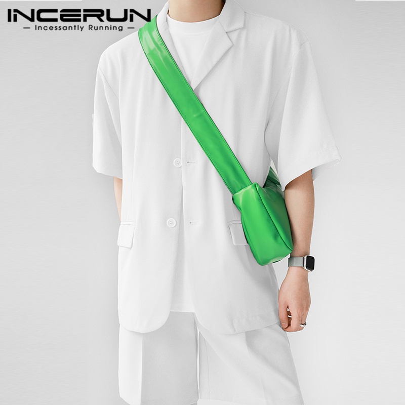 Set đồ INCERUN gồm áo khoác blazer ngắn tay + quần short dáng rộng thời trang cho nam