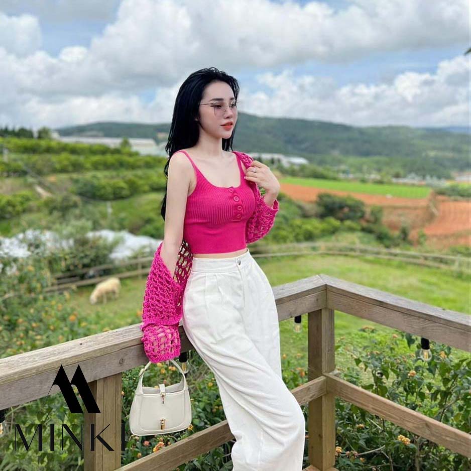 SET KHOÁC LEN LƯỚI KÈM ÁO DÂY LEN HỒNG SEN - CHẤT LIỆU CAO CẤP - MÀU HỒNG SEN BÁNH BÈO