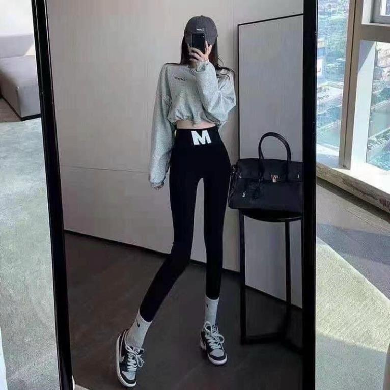 Quần legging tăm nữ cạp chun cao chữ M phong cách Hàn Quốc thể thao cá tính hàng xuất khẩu