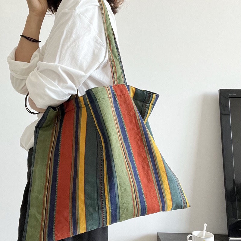 Túi Xách Vải Lanh Cotton Cỡ Lớn Họa Tiết Kẻ Sọc Cầu Vồng Phong Cách Retro