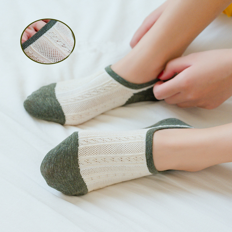 Tất cotton phối lưới cổ thấp chống trượt khâu màu tối tương phản phong cách ngày thường cho nữ