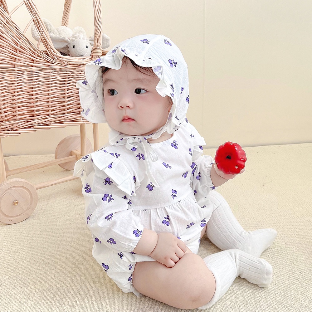 Bộ Áo Liền Quần Tay Dài In Hình Quả Cherry + 2 Mũ Thời Trang Mùa Thu Cho Bé Gái Sơ Sinh