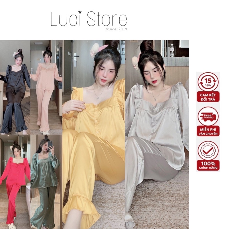 Đồ bộ pijama mặc nhà LỤA LATIN tay dài quần dài tiểu thư phối bèo dễ thương
