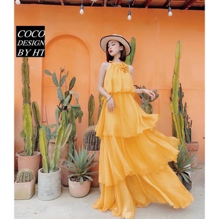Đầm maxi cổ yếm tầng kèm tag hoa gắn cổ siêu sang chảnh thướt tha