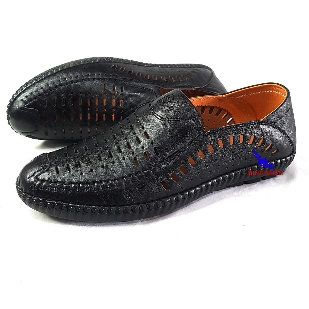 Giày lười mọi nam Slipon da bò cao cấp thời trang hàng hiệu giá rẻ đục lỗ đẹp thoáng khí mùa hè H-4 màu đen