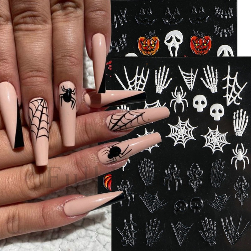 Set 3 Tấm Nhãn Dán Trang Trí Móng Tay Nghệ Thuật Họa Tiết Xương Nhện 5D Phong Cách Halloween