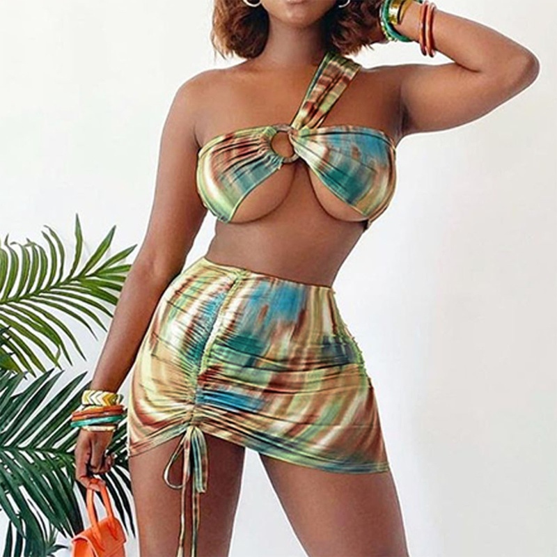 Bộ Đồ Bơi Bikini Ba Mảnh Mềm Mại Màu Nhuộm Phối Túi Thắt Nút Gợi Cảm Cho Bạn Gái