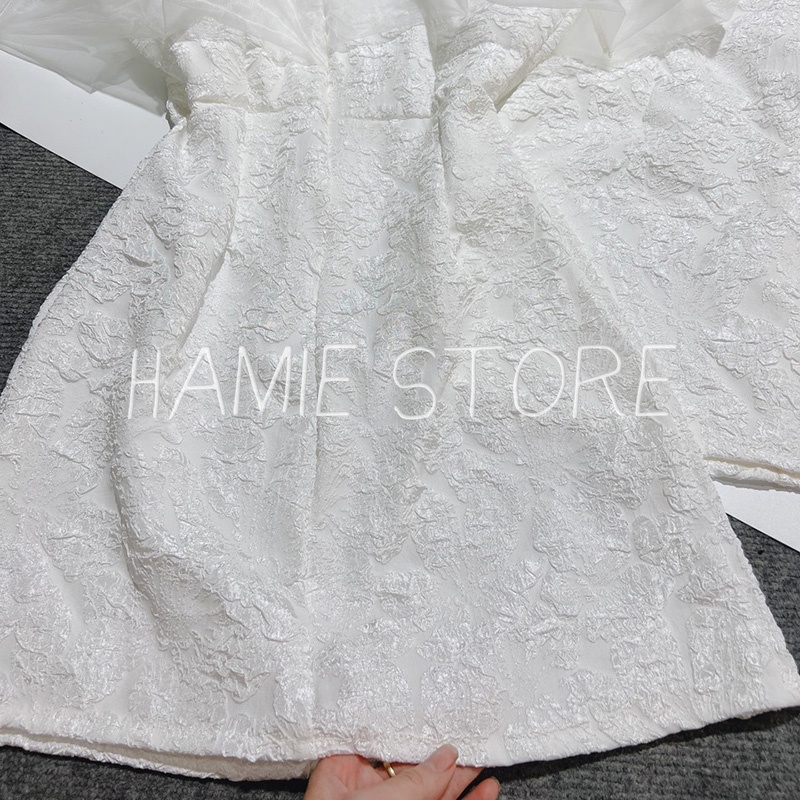 Đầm thiết kế dự tiệc trễ vai bánh bèo tiểu thư HNL407, váy xòe nữ chữ A dáng ngắn phối voan điệu đà
