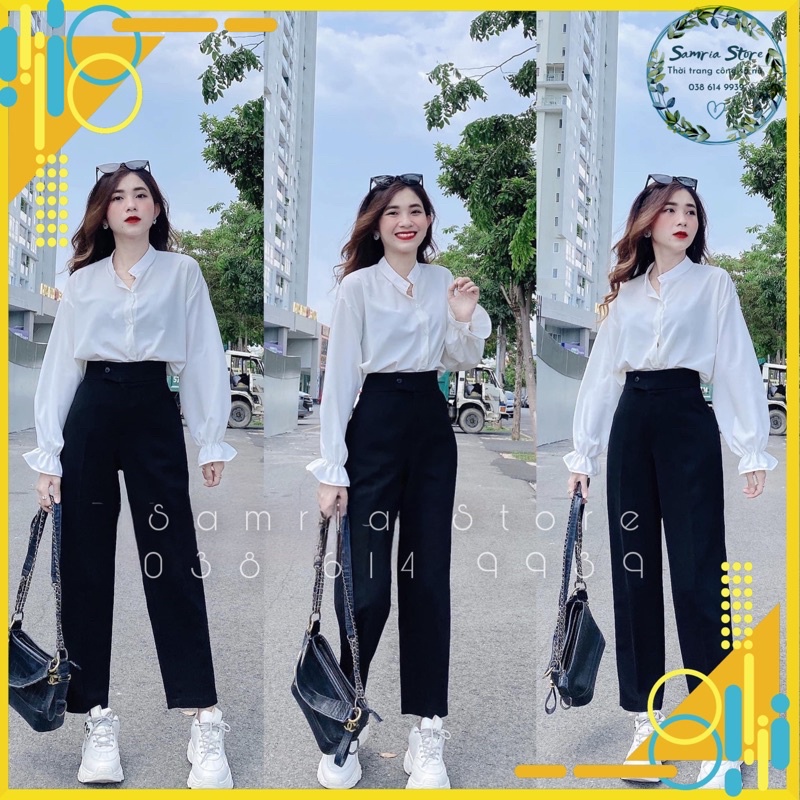 Quần baggy lệch cúc gấu bằng lưng siêu cao