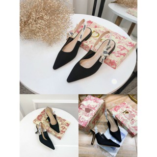 Giày Dio.rr tăm bít mũi hở gót quai hậu chữ thêu 3 dáng bệt 6p 9p đen nude