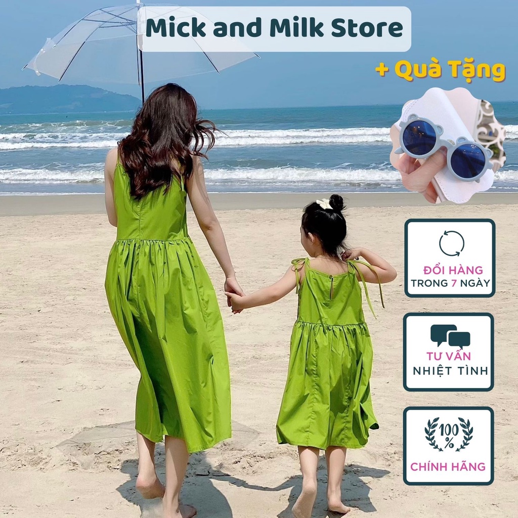 Đầm cho bé gái 10 đến 25kg MICK AND MILK, Set váy cho mẹ và bé chất thô nến màu xanh bơ xinh xắn
