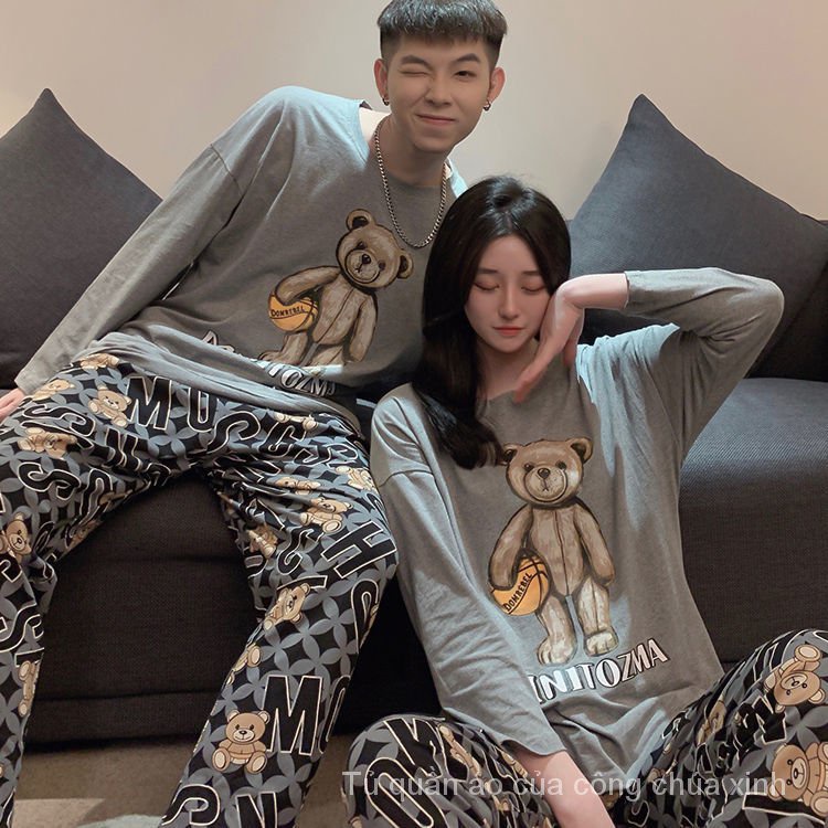 Bộ đồ ngủ tay dài in hình gấu Teddy hoạt hình thời trang xuân thu h5bb