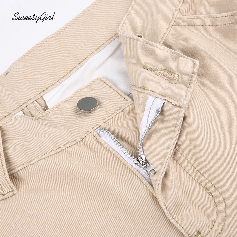 Quần Kaki Lưng Thấp Dáng Rộng Màu Trơn Có Túi Cài Nút Thời Trang 2022 Cho Nữ