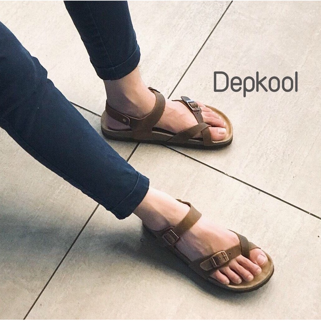 Sandal xỏ ngón da bò thật đế trấu birken