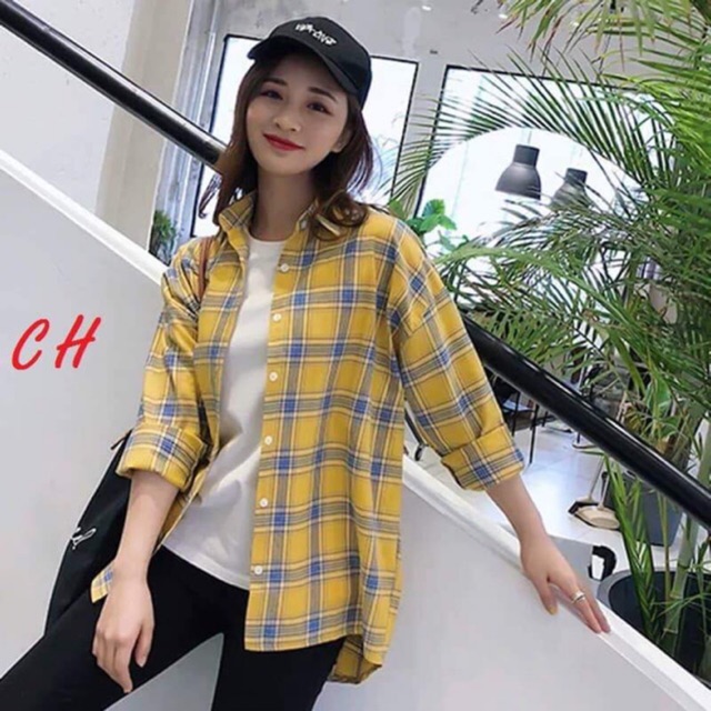 Áo sơ mi kẻ fom thụng kèm ảnh thật
