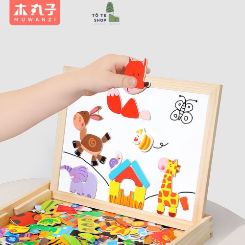 Xếp hình nam châm chủ đề thú rừng , lắp ráp trang phục thú rừng Forest Paraddise, bảng 2 mặt kèm phấn cà bút dạ MWZ-2015