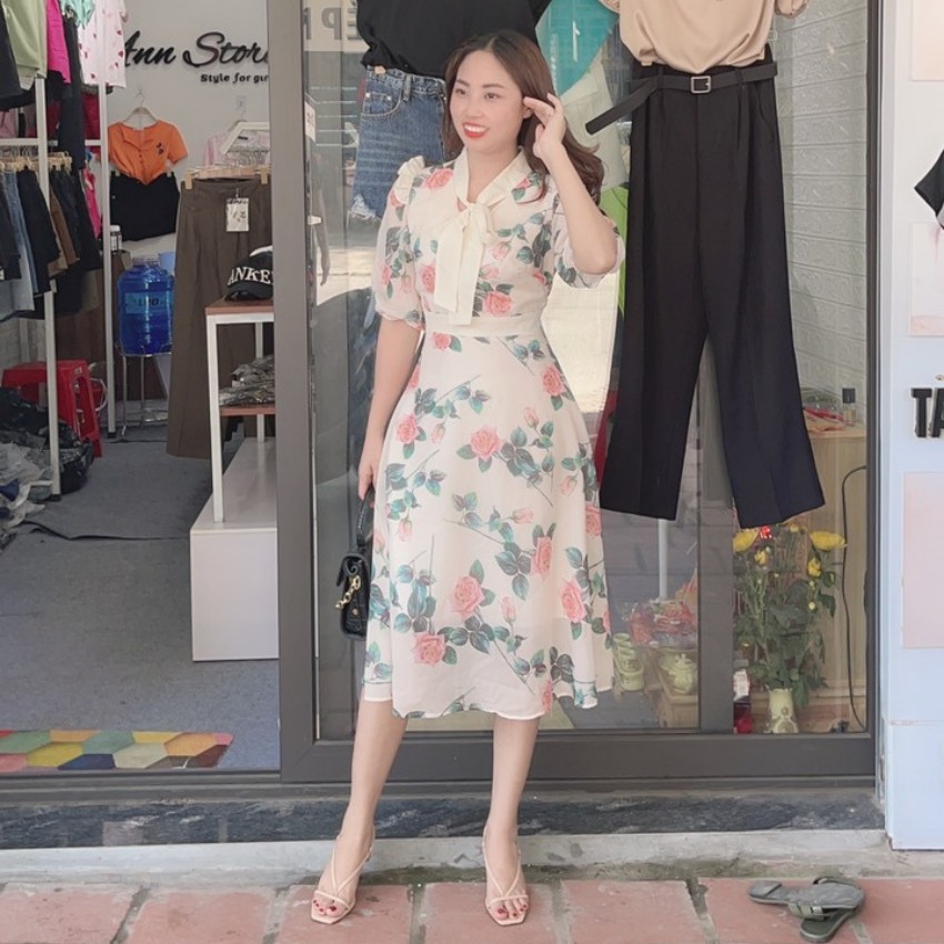 Váy Hoa Dài Tay Thắt Nơ Cổ V Hàng Thiết Kế Cao Cấp 2 Lớp Mềm Mịn Thấm Hút Mồ Hôi [Ảnh Thật Shop Tự Chụp]