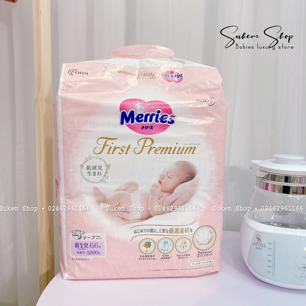 Tã Dán/ Bỉm Merries First Premium Size Newborn NB66, S60, M48 - Cao Cấp
