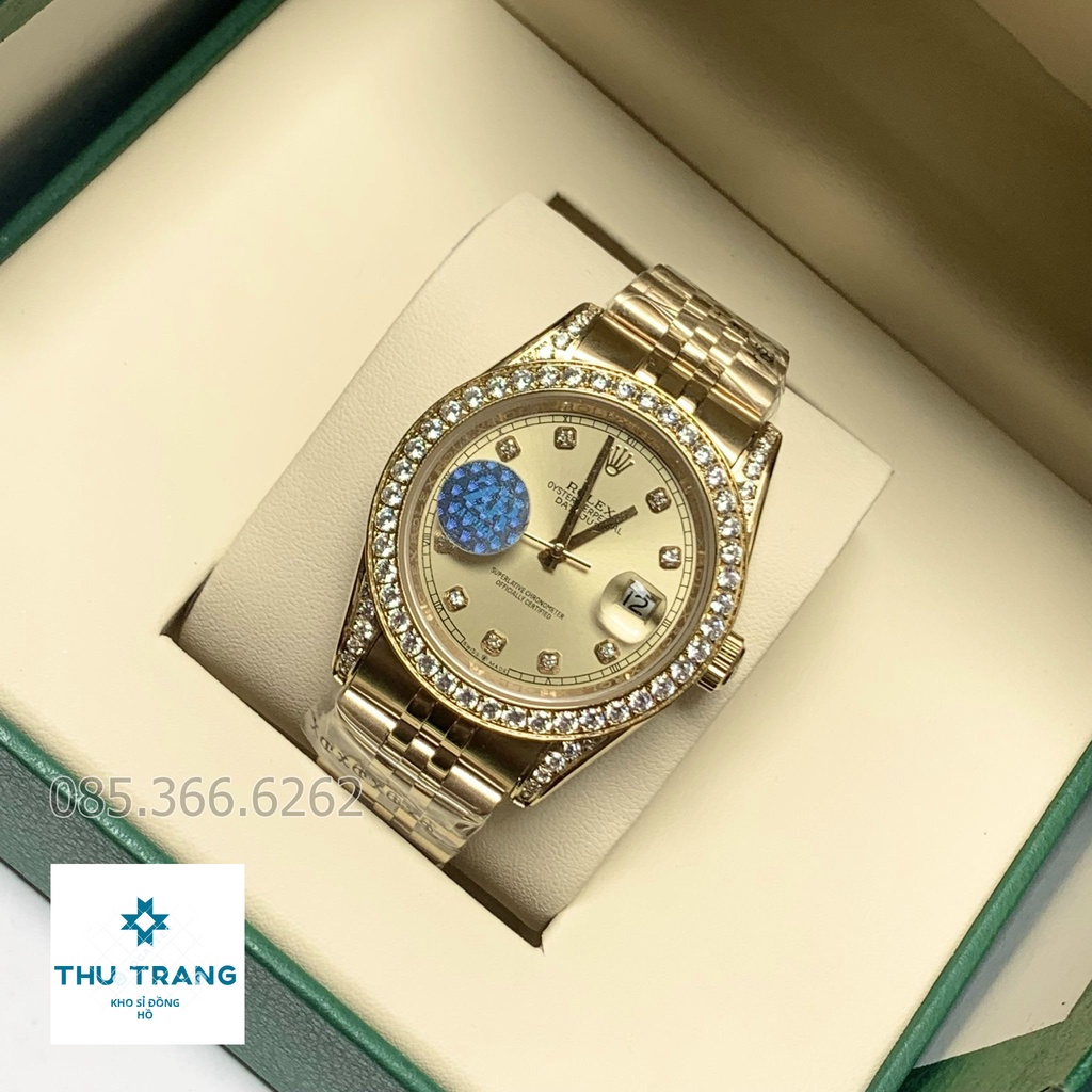 Đồng hồ nam Đồng hồ cơ Rolex mẫu mặt vàng Viền và Tai quai đính đá size 40-41mm