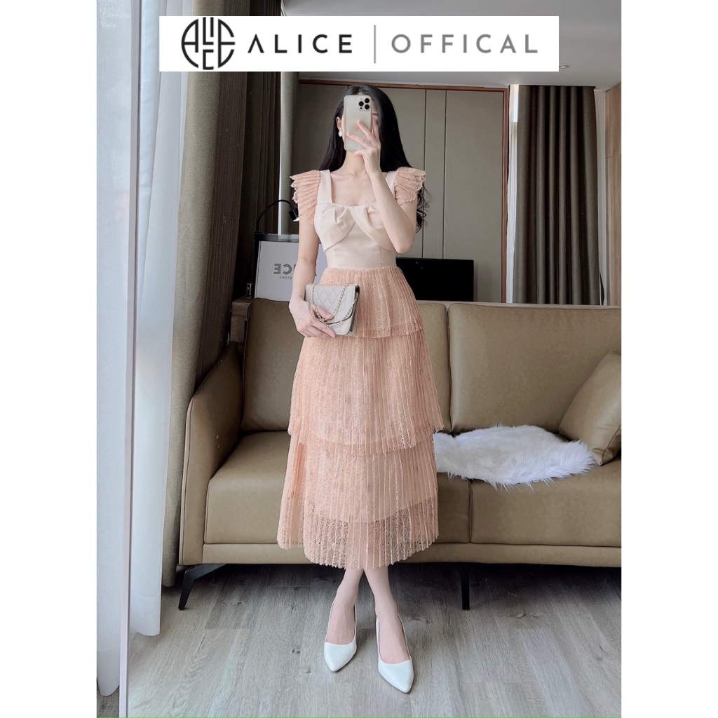 Váy Tiểu Thư Dập Ly 3 Tầng ALICE Chất Liệu Tafta Cao Cấp, Thiết Kế Cổ Vuông Phối Ren Sang Chảnh V803