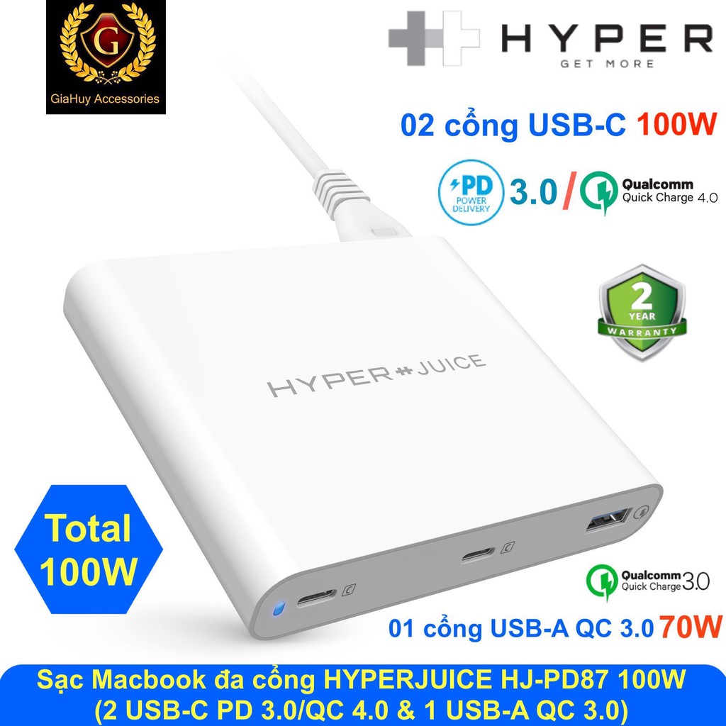 Củ Sạc Mabook Pro, iPad Pro, iPhone 12, Note 10+HYPERJUICE HJ-PD87 100W (02 PD 3.0/QC 4.0 & 01 USB-A QC 3.0)