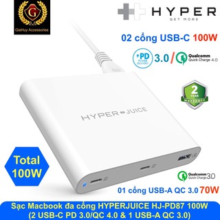 Củ Sạc Mabook Pro, iPad Pro, iPhone 12, Note 10+HYPERJUICE HJ-PD87 100W (02 PD 3.0/QC 4.0 & 01 USB-A QC 3.0)