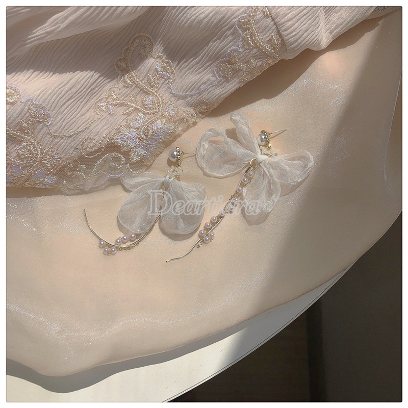 Đôi Bông Tai Dáng Dài Đính Nơ Và Ngọc Trai Giả Dễ Thương Cho Nữ