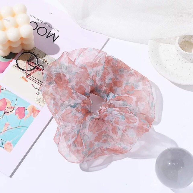 Chun cột tóc vải voan hoa scrunchies siêu to