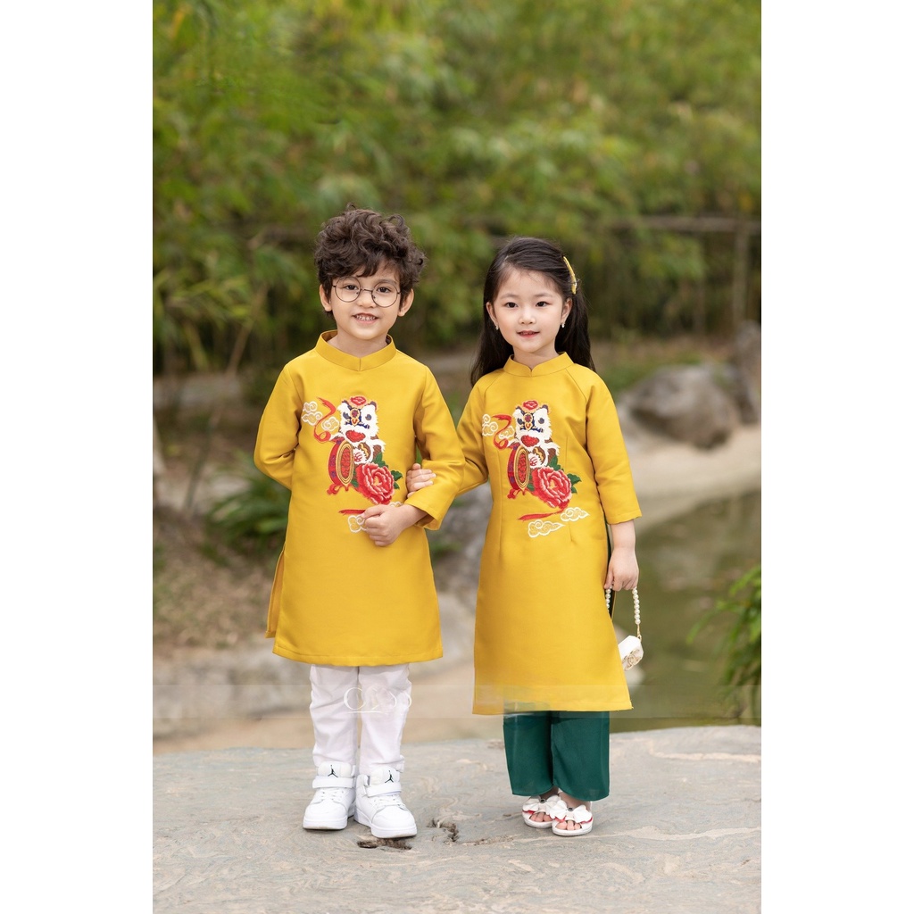 Áo dài cách tân gia đình hoạ tiết màu vàng đủ size - L17